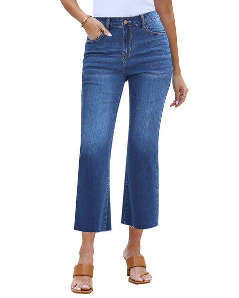 GRAPENT Women's High Waisted Flared Cropped Jeans Raw Hem Denim Pants