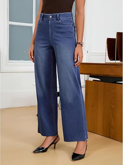 GRAPENT Wide Leg Jeans for Women High Waisted Trendy Pull On Elastic Waist Soft Stretchy Denim Pants Sweatpant Jeans