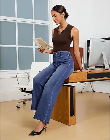 GRAPENT Wide Leg Jeans for Women High Waisted Trendy Pull On Elastic Waist Soft Stretchy Denim Pants Sweatpant Jeans