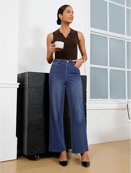 GRAPENT Wide Leg Jeans for Women High Waisted Trendy Pull On Elastic Waist Soft Stretchy Denim Pants Sweatpant Jeans