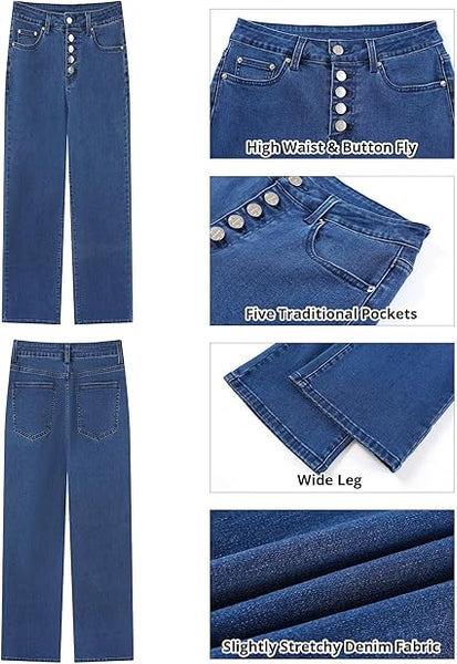 GRAPENT Wide Leg Jeans for Women High Waisted Trendy Button Fly Stretchy Denim Pants Vintage Straight Leg Trouser Jeans