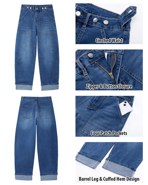 GRAPENT Barrel Jeans Women Cinched High Waisted Cuffed Stretchy Denim Pants Cropped Baggy Wide Leg Jeans, 27 Inch Inseam, Adjustable Cinched Waist, Big Pockets, Work Office Outfits, Casual Daily Wear