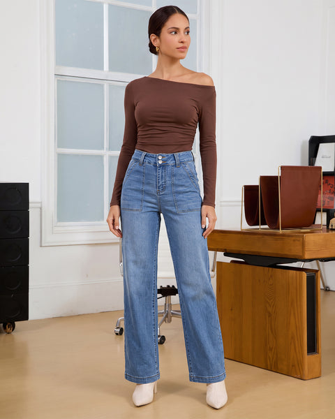 GRAPENT Straight Leg Jeans for Women High Waisted Dual Buttons Denim Pants Soft Stretchy Denim Jeans, Straight Wide Leg, High Rise Fit, Full Length, 29.5" Inseam, Big Pockets, Work Casual, Daily Wear