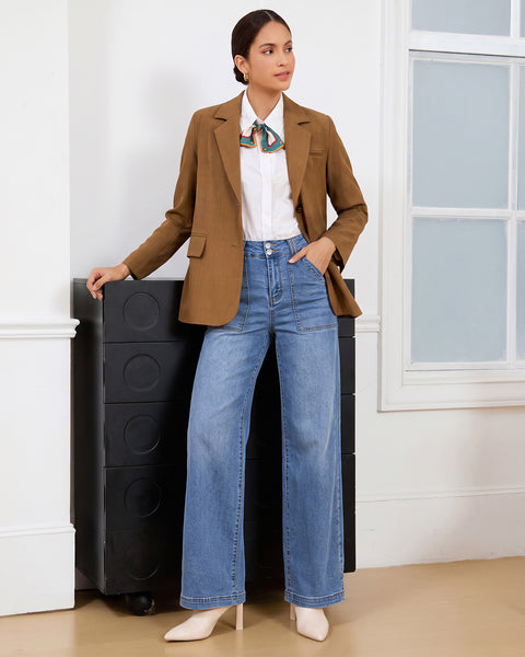 GRAPENT Straight Leg Jeans for Women High Waisted Dual Buttons Denim Pants Soft Stretchy Denim Jeans, Straight Wide Leg, High Rise Fit, Full Length, 29.5" Inseam, Big Pockets, Work Casual, Daily Wear