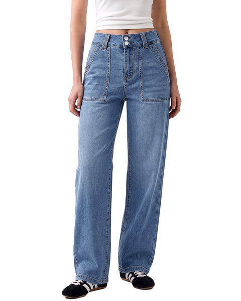 GRAPENT Straight Leg Jeans for Women High Waisted Dual Buttons Denim Pants Soft Stretchy Denim Jeans, Straight Wide Leg, High Rise Fit, Full Length, 29.5" Inseam, Big Pockets, Work Casual, Daily Wear