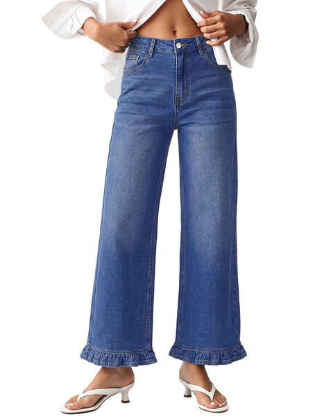 GRAPENT Wide Leg Jeans for Women Ruffle Hem High Waisted Ankle Denim Pants | Trendy Baggy Jeans, Stretch Denim, High Rise Fit, Cropped Jean Pants, 27.5 Inch Inseam, Flattering Ruffle Hem, Weekend Casual