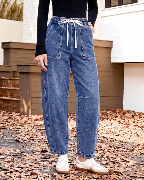 GRAPENT Jeans for Women Baggy Barrel Elastic Waist Stretchy Denim Pants | Barrel Wide Leg Jean Pants, High Waisted, Drawstring, Pull On, Ankle Length, 27.5" Inseam, Side Seams, Dressy Casual Outfits