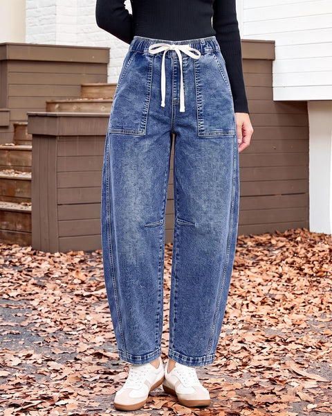 GRAPENT Jeans for Women Baggy Barrel Elastic Waist Stretchy Denim Pants | Barrel Wide Leg Jean Pants, High Waisted, Drawstring, Pull On, Ankle Length, 27.5" Inseam, Side Seams, Dressy Casual Outfits