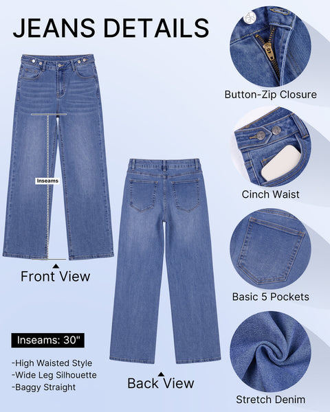 GRAPENT Jeans for Women Wide Leg High Rise Cinch-Waist Stretchy Denim Pants | High Waisted, Adjustable Waist, Full Length, 30'' Inseam, 90s Baggy Straight, Great for Everyday Wear, Dressy Casual Outifts