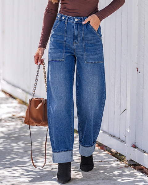 GRAPENT Barrel Jeans Women Cinched High Waisted Cuffed Stretchy Denim Pants Cropped Baggy Wide Leg Jeans, 27 Inch Inseam, Adjustable Cinched Waist, Big Pockets, Work Office Outfits, Casual Daily Wear