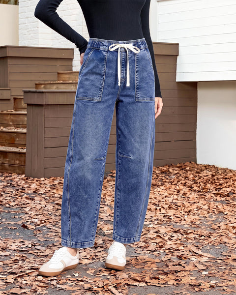 GRAPENT Jeans for Women Baggy Barrel Elastic Waist Stretchy Denim Pants | Barrel Wide Leg Jean Pants, High Waisted, Drawstring, Pull On, Ankle Length, 27.5" Inseam, Side Seams, Dressy Casual Outfits