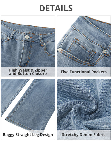 GRAPENT Jeans for Women Trendy High Waisted Baggy Straight Leg Stretchy Denim Ankle Pants Cropped Jeans with Pockets
