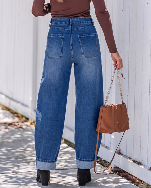 GRAPENT Barrel Jeans Women Cinched High Waisted Cuffed Stretchy Denim Pants Cropped Baggy Wide Leg Jeans, 27 Inch Inseam, Adjustable Cinched Waist, Big Pockets, Work Office Outfits, Casual Daily Wear