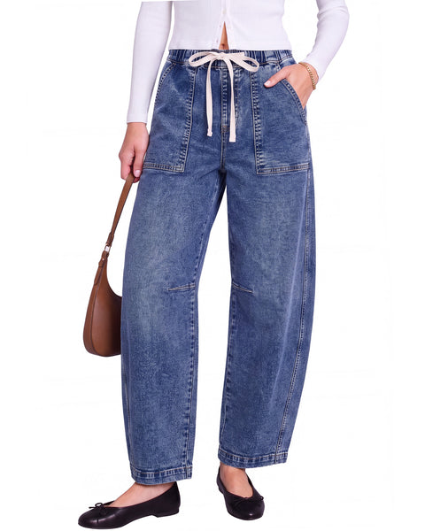 GRAPENT Jeans for Women Baggy Barrel Elastic Waist Stretchy Denim Pants | Barrel Wide Leg Jean Pants, High Waisted, Drawstring, Pull On, Ankle Length, 27.5" Inseam, Side Seams, Dressy Casual Outfits