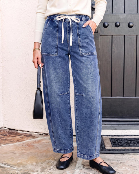 GRAPENT Jeans for Women Baggy Barrel Elastic Waist Stretchy Denim Pants | Barrel Wide Leg Jean Pants, High Waisted, Drawstring, Pull On, Ankle Length, 27.5" Inseam, Side Seams, Dressy Casual Outfits