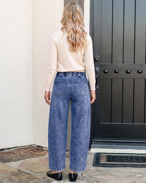 GRAPENT Jeans for Women Baggy Barrel Elastic Waist Stretchy Denim Pants | Barrel Wide Leg Jean Pants, High Waisted, Drawstring, Pull On, Ankle Length, 27.5" Inseam, Side Seams, Dressy Casual Outfits