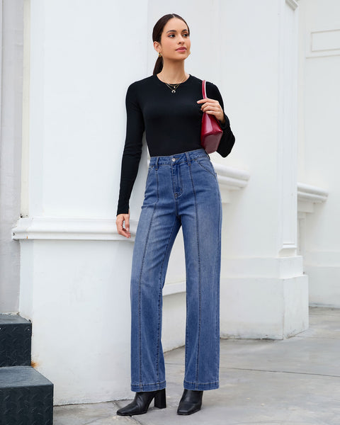 GRAPENT Womens Jeans Straight Leg High Rise Front Seam Stretch Denim Pants | Straight Wide Leg Jeans for Women, High Waisted, 29.5" Inseam, 4 Pockets, Loose Fit, Work Office Outfit, Casual Daily Wear