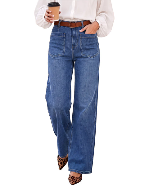 GRAPENT Womens Wide Leg Jeans High Waisted Stretch Denim Pants Patch Pocket | Effortless Wide Leg Silhouette, High Rise, 29.5 Inch Inseam, Full Length, Soft Stretch Denim, Jean Pants, Casual Work Outfits