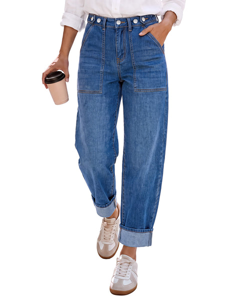 GRAPENT Barrel Jeans Women Cinched High Waisted Cuffed Stretchy Denim Pants Cropped Baggy Wide Leg Jeans, 27 Inch Inseam, Adjustable Cinched Waist, Big Pockets, Work Office Outfits, Casual Daily Wear