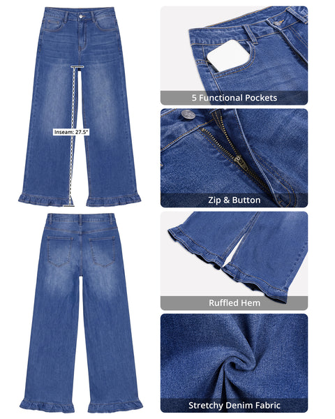 GRAPENT Wide Leg Jeans for Women Ruffle Hem High Waisted Ankle Denim Pants | Trendy Baggy Jeans, Stretch Denim, High Rise Fit, Cropped Jean Pants, 27.5 Inch Inseam, Flattering Ruffle Hem, Weekend Casual