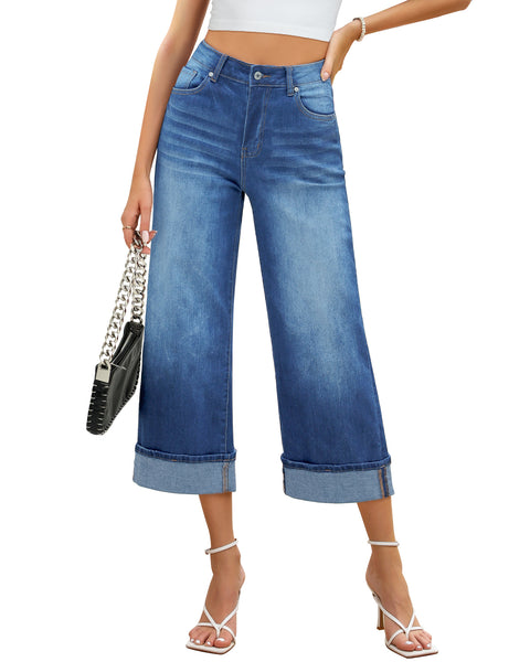 GRAPENT Wide Leg Jeans for Women High Waisted Stretchy Denim Capri Pants Fold Hem Cropped Baggy Capris Jeans with Pocket