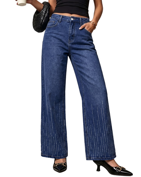 GRAPENT Rhinestone Jeans for Women High Waist Wide Leg Sparkly Denim Pants Womens Jeans Stretchy, High Rise Fit, Full Length, 29.5" Inseam, Embellished Rhinestone, Country Concert, Dressy Casual Wear