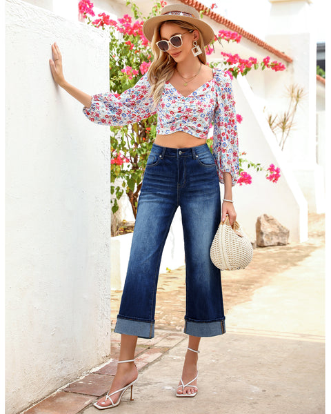 GRAPENT Wide Leg Jeans for Women High Waisted Stretchy Denim Capri Pants Fold Hem Cropped Baggy Capris Jeans with Pocket