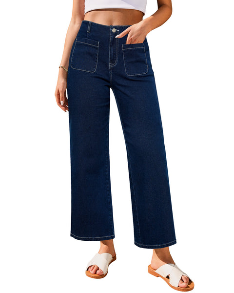 GRAPENT Wide Leg Jeans for Women High Waisted Straight Leg Stretchy Cropped Denim Pants with Pockets Jean Trousers