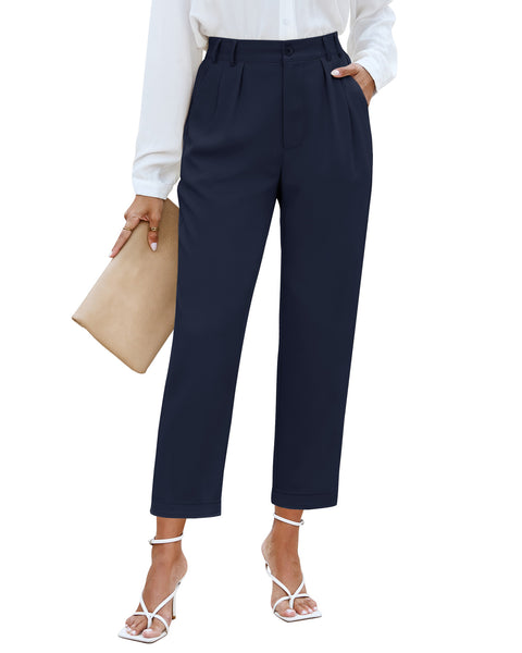 Elastic Back Waist High Waisted Straight Leg Cropped Pants