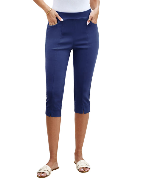 GRAPENT Capri Pants for Women High Waisted Pull On Elastic Waist Dressy Casual Stretchy Capris Trousers Pants Pockets