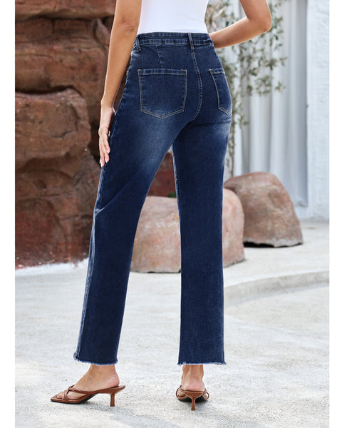GRAPENT Straight Leg Jeans for Women High Waisted Stretchy Frayed Raw Hem Loose Denim Pants Casual Baggy Jean Trousers