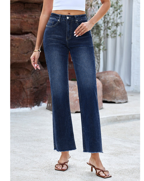 GRAPENT Straight Leg Jeans for Women High Waisted Stretchy Frayed Raw Hem Loose Denim Pants Casual Baggy Jean Trousers