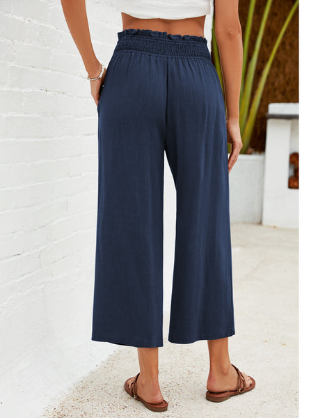 GRAPENT Capri Pants for Women High Waisted Wide Leg Linen Palazzo Trousers Pull On Elastic Smock Waist Loose Flowy Pants