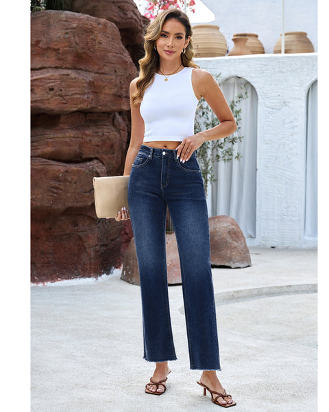 GRAPENT Straight Leg Jeans for Women High Waisted Stretchy Frayed Raw Hem Loose Denim Pants Casual Baggy Jean Trousers