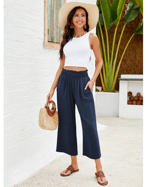 GRAPENT Capri Pants for Women High Waisted Wide Leg Linen Palazzo Trousers Pull On Elastic Smock Waist Loose Flowy Pants