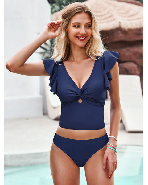 GRAPENT Tankini Tops for Women Swimwear Top Only Ruffle Bathing Suit Cut Out Long Bikini Tops Swimsuit Beach Resort Wear