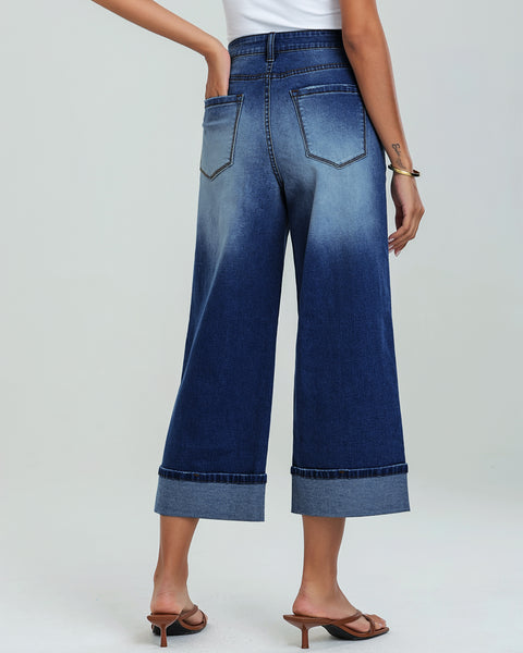 GRAPENT Wide Leg Jeans for Women High Waisted Stretchy Denim Capri Pants Fold Hem Cropped Baggy Capris Jeans with Pocket