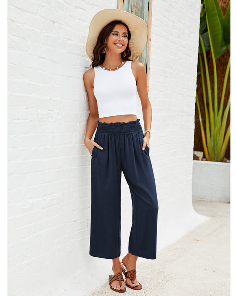 GRAPENT Capri Pants for Women High Waisted Wide Leg Linen Palazzo Trousers Pull On Elastic Smock Waist Loose Flowy Pants