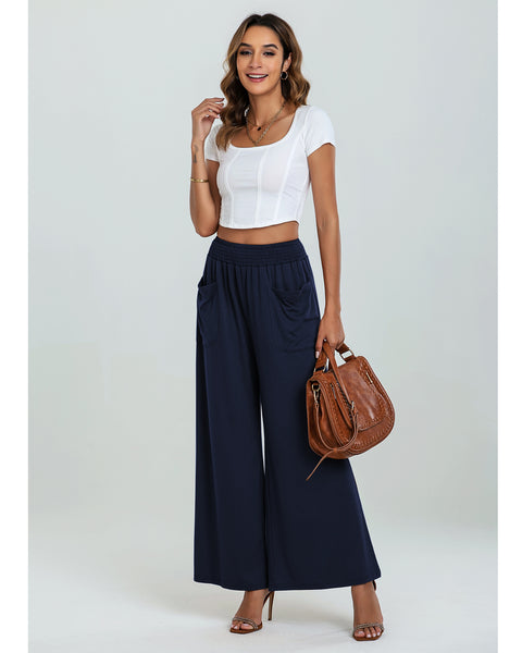 GRAPENT Wide Leg Pants for Women High Wasited Baggy Palazzo Pants Casual Pull On Bell Bottom Smocked Elastic Waist Pants