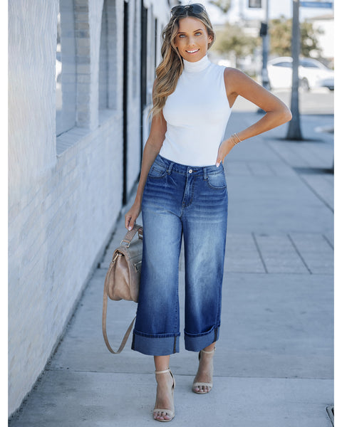 GRAPENT Wide Leg Jeans for Women High Waisted Stretchy Denim Capri Pants Fold Hem Cropped Baggy Capris Jeans with Pocket