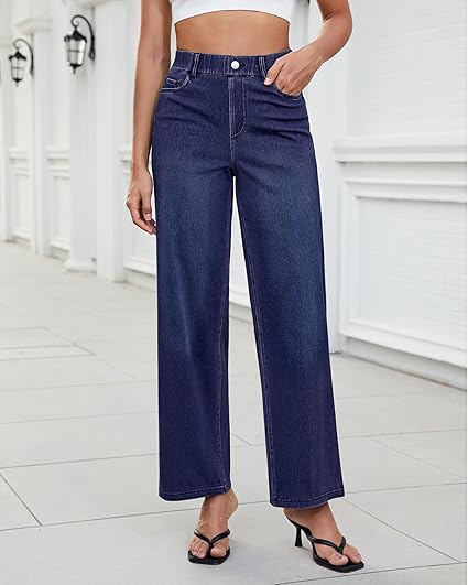 GRAPENT Wide Leg Jeans for Women High Waisted Trendy Pull On Elastic Waist Soft Stretchy Denim Pants Sweatpant Jeans