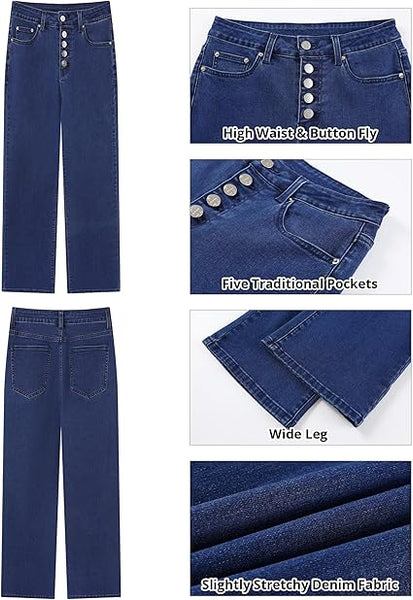 GRAPENT Wide Leg Jeans for Women High Waisted Trendy Button Fly Stretchy Denim Pants Vintage Straight Leg Trouser Jeans