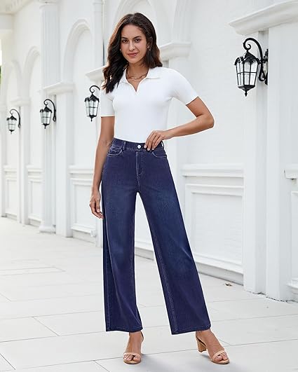 GRAPENT Wide Leg Jeans for Women High Waisted Trendy Pull On Elastic Waist Soft Stretchy Denim Pants Sweatpant Jeans