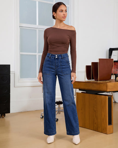 GRAPENT Straight Leg Jeans for Women High Waisted Dual Buttons Denim Pants Soft Stretchy Denim Jeans, Straight Wide Leg, High Rise Fit, Full Length, 29.5" Inseam, Big Pockets, Work Casual, Daily Wear