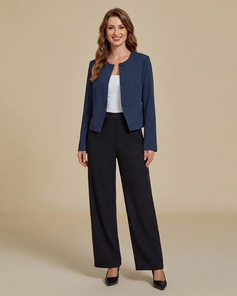 GRAPENT Cropped Blazers for Women Business Casual Collarless Blazer Jackets Collarless Round Neck, Long Sleeve, Crop Length, Shoulder Pads, Button-Front, Casual Suit Jacket, Dressy Casual, Work Office