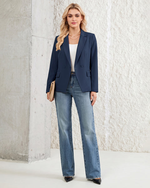GRAPENT Blazers for Women Business Casual Double Breasted Suit Jackets Notch Collar, Long Sleeves with Button Cuffs, Flap Pockets, Shoulder Pads, Dressy Casual Fitted Outfits, Work Office Wear