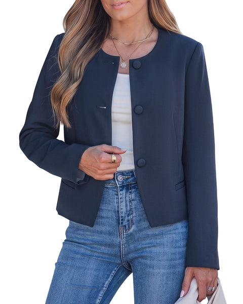 GRAPENT Cropped Blazers for Women Business Casual Collarless Blazer Jackets Collarless Round Neck, Long Sleeve, Crop Length, Shoulder Pads, Button-Front, Casual Suit Jacket, Dressy Casual, Work Office