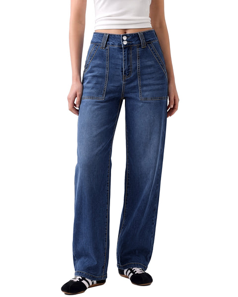 GRAPENT Straight Leg Jeans for Women High Waisted Dual Buttons Denim Pants Soft Stretchy Denim Jeans, Straight Wide Leg, High Rise Fit, Full Length, 29.5" Inseam, Big Pockets, Work Casual, Daily Wear
