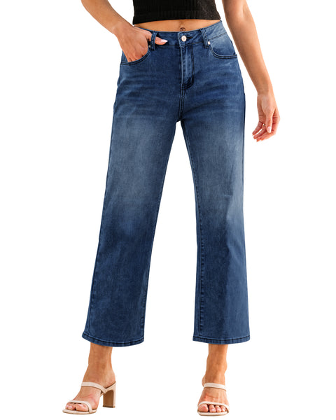 GRAPENT Jeans for Women Trendy High Waisted Baggy Straight Leg Stretchy Denim Ankle Pants Cropped Jeans with Pockets