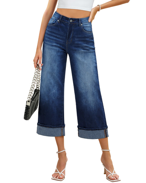 GRAPENT Wide Leg Jeans for Women High Waisted Stretchy Denim Capri Pants Fold Hem Cropped Baggy Capris Jeans with Pocket